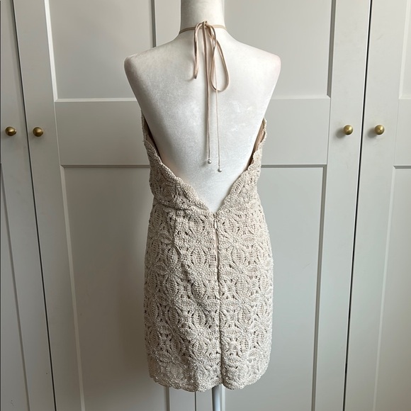 Milly Celeste Beaded Crochet Halter Dress | Natural/Tan | 10 - Picture 3 of 7
